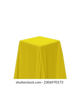 Yellow fabric covering a cube or rectangular shape, isolated on white background. Can be used as a stand for product display, draped table. Vector illustration