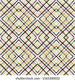 Yellow Fabric Grid Vector Seamless Pattern. Bright Cell Mexican Texture. Blue Fashion Wall Background. American Color Stripe Wallpaper. Retro Scandinavian Vector Seamless Pattern