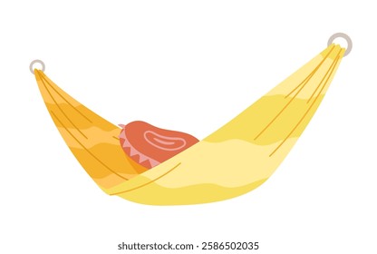 Yellow fabric hammock with pillow hanging on two rings for leisure and summer recreation. Cute comfortable cushion and swing bed for sleeping and calm outdoor relax cartoon vector illustration