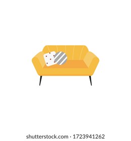 Yellow fabric sofa or couch single icon vector illustration isolated on white background. Home or office furniture element - padded bench with pillows symbol.