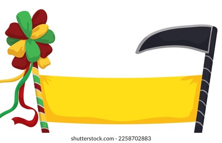 Yellow fabric template hanging between Garabato wand and black scythe for Barranquilla's Carnival.