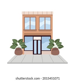 yellow facade building with houseplants