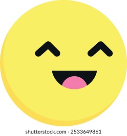 Yellow face emoji with closed eyes, wide smile, and pink tongue sticking out, expressing joy and happiness. Ideal for digital communication, social media, and graphic design projects.