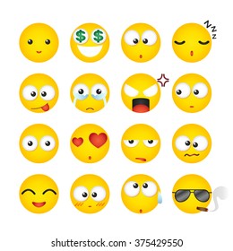 Yellow face emoji collection on white background, Set of smiley emoji characters, Emoticon, Emotion set, Icon, Expression, Vector illustration.