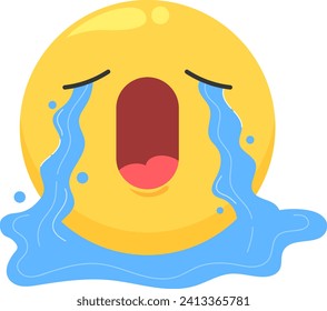 Emoji de cara amarilla llorando con lágrimas azules, la boca abierta en un gemido. Expresión emocional de tristeza o desesperación. Llorando emoji, la tristeza concepto de ilustración vectorial.