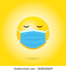 Yellow face emoji with medical mask. COVID-19 emoticon concept. Vector illustration