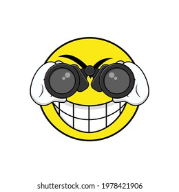 Yellow face emoticon cartoon using binoculars vector graphics
