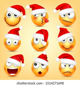 Yellow face with emotions and Christmas hat. Emoticon vector set. New Year, Santa. Winter emoji. Sad, happy, angry faces. Funny cartoon character mood. 
