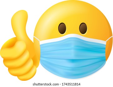 Yellow Face With Medical Doctor Mask And Thumbs Up Vector Emotion Icon Isolated