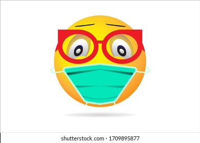 Yellow face with Medical Mask. Round face with big eyes wear Surgical Mask and red circle glasses. Cartoon bubble character expressing fear of virus or illness isolated on background.