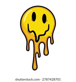 Yellow face melting playfully, dripping downwards, creating a retro graphic with a cartoon style expressing altered reality and an emotional state of happiness