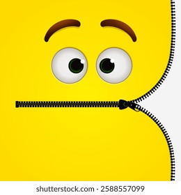Yellow face with mouth partially closed with a zipper. Creative EPS illustration for marketing. Vector Image; Easily Editable; Colorful lIlustration.