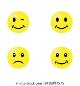 Yellow face reaction icons set. Winking eye icon. Happy face icon. Sad face icon.