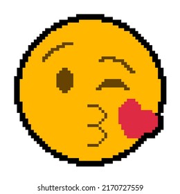 A yellow face winking with puckered lips blowing a kiss, depicted as a small, red heart.