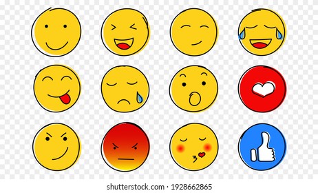 Yellow faces emotions hand drawn set. Smiling and laughing doodles with sketches of admiration and red anger sneering squinting and fooling around showing vector language.