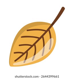 Yellow fall leaf with brown veins and stem. Autumn foliage. Cartoon vector isolated illustration on white background