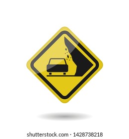 Yellow Falling rocks warning sign. Car and stones icon, Vector illustration