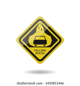 Yellow Falling rocks warning sign. Car and stones icon, Vector illustration
