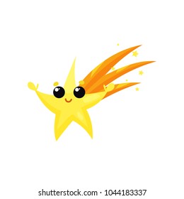 Yellow falling star with cute face and little hands. Cartoon weather character. Colorful flat vector element for mobile game, children book or sticker