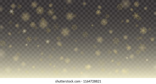 Yellow falling vector snowflakes on transparent background.