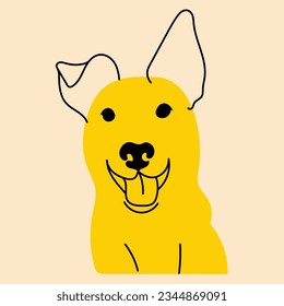 Amarillo, perro lujoso, cachorro. Avatar, insignia, afiche, plantillas de logotipo, impresión. Ilustración vectorial en estilo de dibujos animados planos