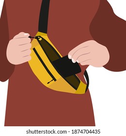 Yellow Fanny Pack. The Guy Puts The Phone In His Fanny Pack. The Hand Takes Out The Phone. Vector Flat Illustration