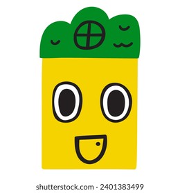 Yellow fantasy house with green roof. Flat vector illustration on white background. 