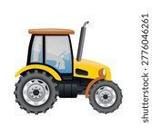 Yellow farm tractor side view illustration isolated on white background