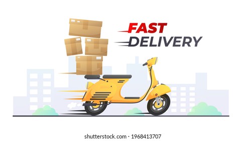 Yellow fast delivery retro scooter, moped, motorbike with box on the way, road and city, red pin on white. Vector illustration for design, flyer, poster, banner, web, advertising.