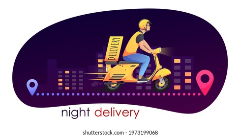 Yellow fast delivery retro scooter, motorbike with courier on the way in night city with red and blue pin on white background. Vector illustration for design, flyer, poster, banner, web, advertising.