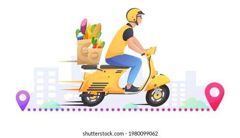 Yellow fast delivery retro scooter, motorbike with courier, groceries and food on the way through city, red pin on white. Vector illustration for flyer, poster, banner, web, advertising.