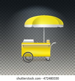 Yellow fast food hot dog cart. Street food market, trolley stand vendor service. Kiosk fast food business. Vector icon on transparent background, isolated object