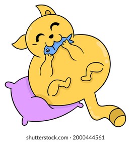 yellow fat and fat cat enjoying salted fish food, vector illustration art. doodle icon image kawaii.