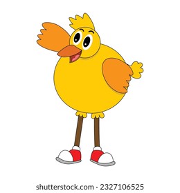 Yellow feather bird cartoon character wearing red shoes isolated on white background