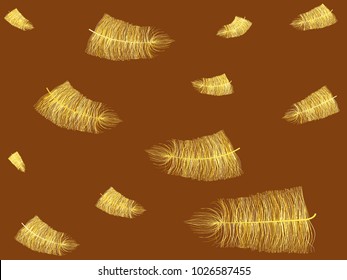 Yellow Feather Floating. Beautiful Hand Drawn Fluff. Feathers Isolated for Wallpaper, Illustration, Carnival, Masquerade, Invitation, Textile. Decoration Element for Your Design.