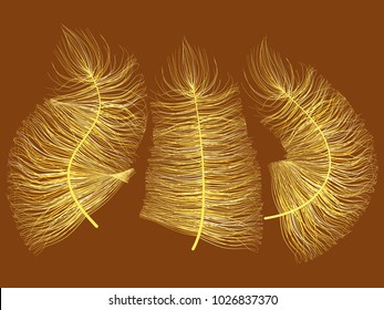 Yellow Feather Floating. Beautiful Hand Drawn Fluff. Feathers Isolated for Wallpaper, Illustration, Carnival, Masquerade, Invitation, Textile. Decoration Element for Your Design.