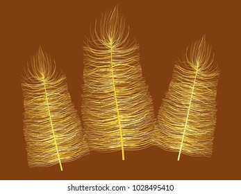 Yellow Feather Floating. Beautiful Hand Drawn Fluff. Feathers Isolated for Wallpaper, Illustration, Carnival, Masquerade, Invitation, Textile. Decoration Element for Your Design.