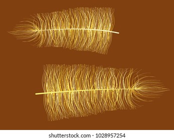 Yellow Feather Floating. Beautiful Hand Drawn Fluff. Feathers Isolated for Wallpaper, Illustration, Carnival, Masquerade, Invitation, Textile. Decoration Element for Your Design.