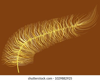 Yellow Feather Floating. Beautiful Hand Drawn Fluff. Feathers Isolated for Wallpaper, Illustration, Carnival, Masquerade, Invitation, Textile. Decoration Element for Your Design.