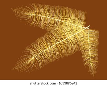 Yellow Feather Floating. Beautiful Hand Drawn Fluff. Feathers Isolated for Wallpaper, Illustration, Carnival, Masquerade, Invitation, Textile. Decoration Element for Your Design.