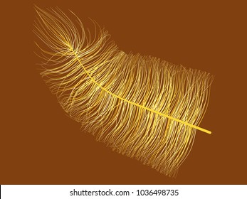 Yellow Feather Floating. Beautiful Hand Drawn Fluff. Feathers Isolated for Wallpaper, Illustration, Carnival, Masquerade, Invitation, Textile. Decoration Element for Your Design.
