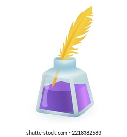 Yellow feather pen in glass bottle with purple ink 3D icon. Inkwell as symbol of writing art and poetry 3D vector illustration on white background. Calligraphy, handwriting, correspondence concept