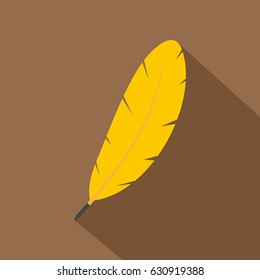 Yellow feather pen icon. Flat illustration of yellow feather pen vector icon for web on coffee background