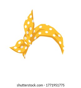 Yellow female bandana with white dotted pattern isolated on white background. Vintage hairband with bow for retro fashion, cartoon head accessory vector illustration.