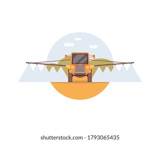 Yellow fertilizer spreader tractor spraying fertiliser liquid to crops in field - rural agriculture irrigation machine watering or fertilizing the soil, flat vector illustration