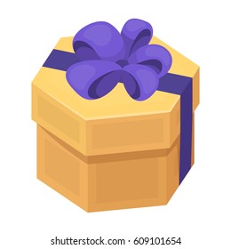 A yellow festive gift in a purple ribbon. Gifts and Certificates single icon in cartoon style vector symbol stock illustration.