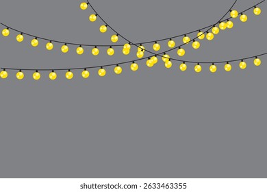 Yellow festive lights. Curved string bulbs. Bright hanging garland. Vector grey background.