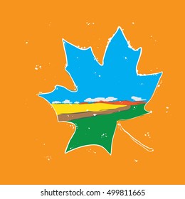 Yellow field in autumn. Simple landscape. Frame in the form of a sheet of wood. Autumn mood. Doodle.  Bright autumn landscape. Vector landscape