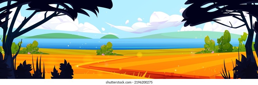 Yellow field with footpath leading to river. Cartoon illustration of autumn nature, ripe crop, blooming green bushes, tree silhouettes, blue sky, surface of lake water. Rural landscape vector design