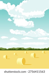 Yellow field, mown grass in a haystack, fluffy cumulus clouds in the sky. Landscape. Rural scenery, peaceful outdoor environment. Nature. Vector